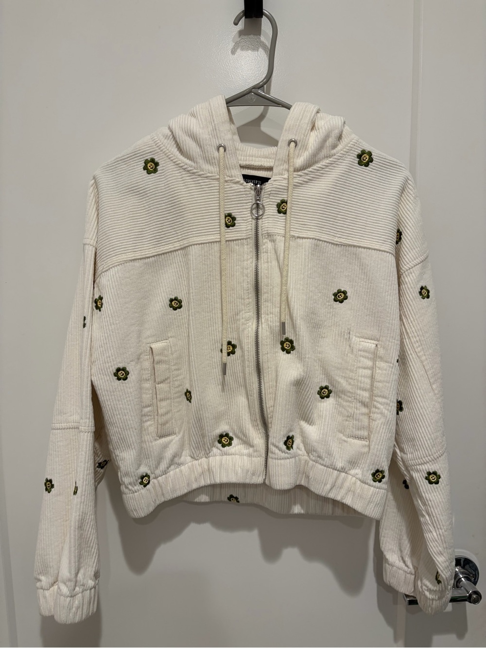 F21 Cream Corduroy Zip Hoodie with Green Floral Embroidery